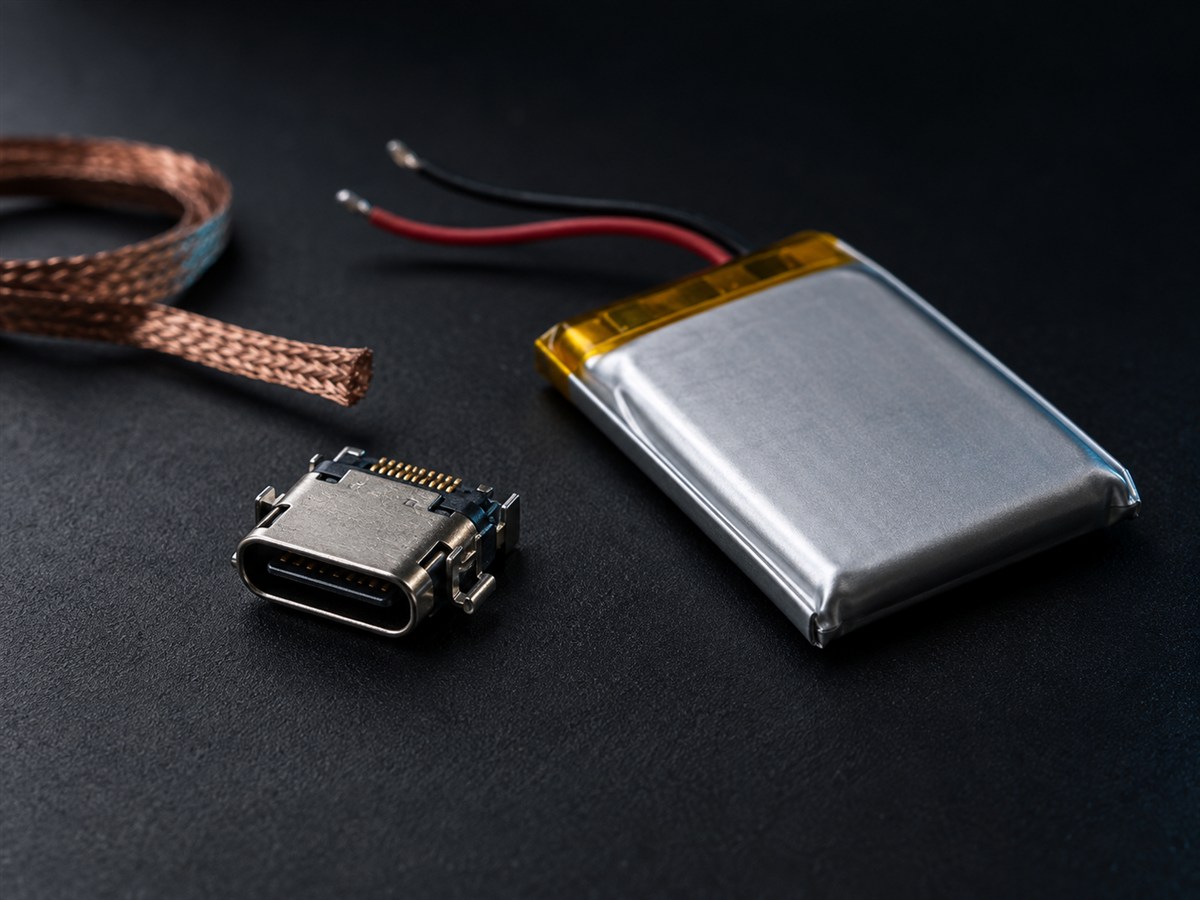Conector de carga USB-C e célula de bateria