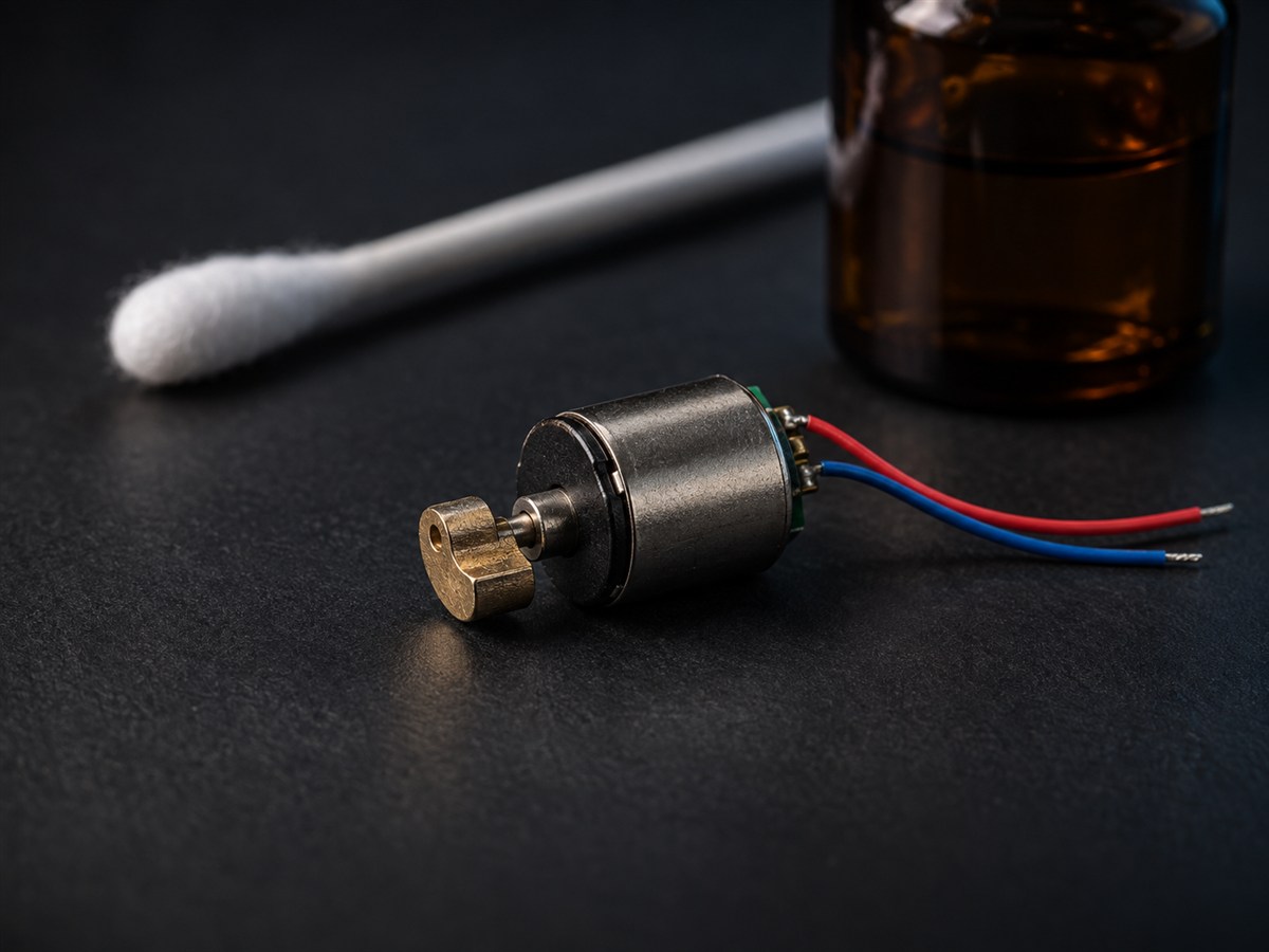 Motor de vibração, cotonete e álcool isopropílico